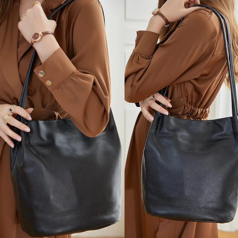 DARK BROWN Genuine Leather HOBO BUCKET Tote Shoulder Bag for Women NEW